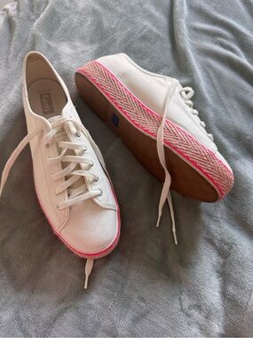 Keds White Canvas Platform Sneakers with Pink Trim